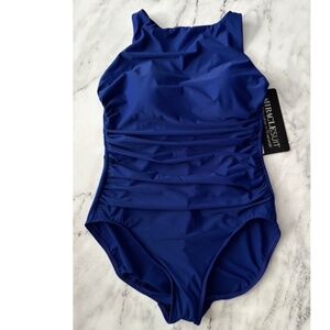 Miraclesuit Azul Blue 6537006 Slimming High Neck Regatta One Piece Swimsuit 14